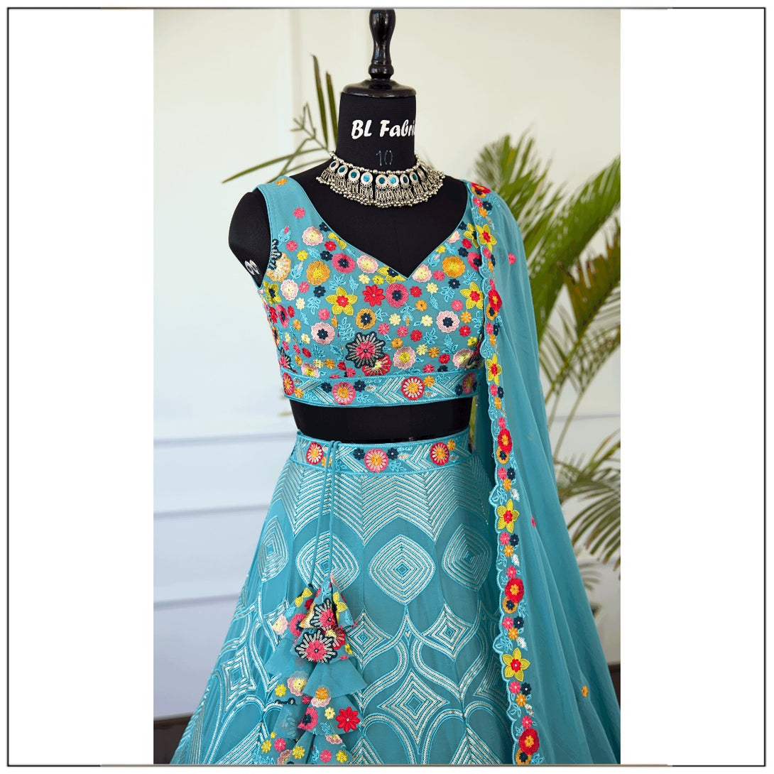 Skyblue color Sequence Embroidery work Designer Lehenga Choli for Wedding Function BL1392 2