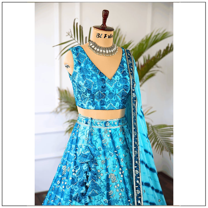 Skyblue color Sequence & Thread Embroidery work Designer Lehenga Choli for Wedding Function BL1398 2
