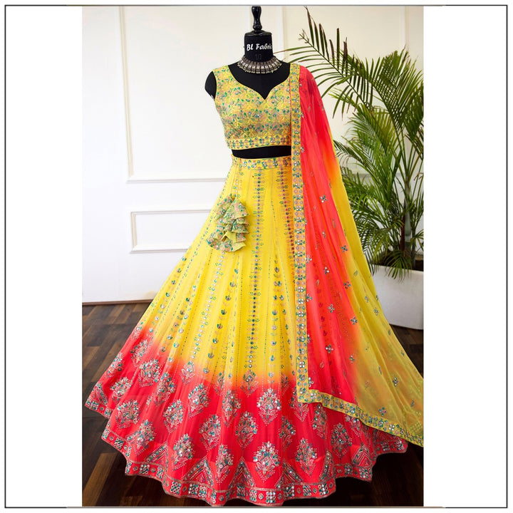 Shadding Yellow Pink color Mirror Sequence Embroidery work Designer Lehenga Choli for Wedding Function BL1424 1