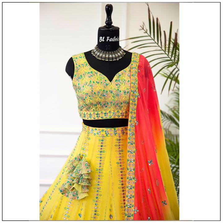 Shadding Yellow Pink color Mirror Sequence Embroidery work Designer Lehenga Choli for Wedding Function BL1424 2