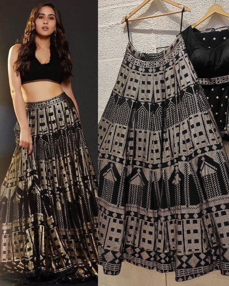 Sequin Work Black Lehenga Choli Net lengha Chunri Sari Saree Skirt Top  Dress | eBay