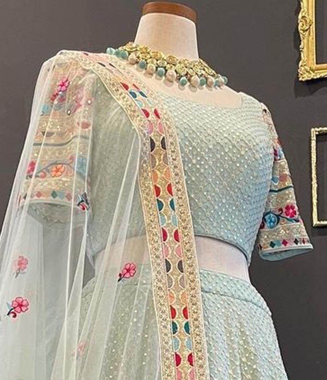 Sky Blue Bridal Mirror Embroidered Designer Lehenga Choli