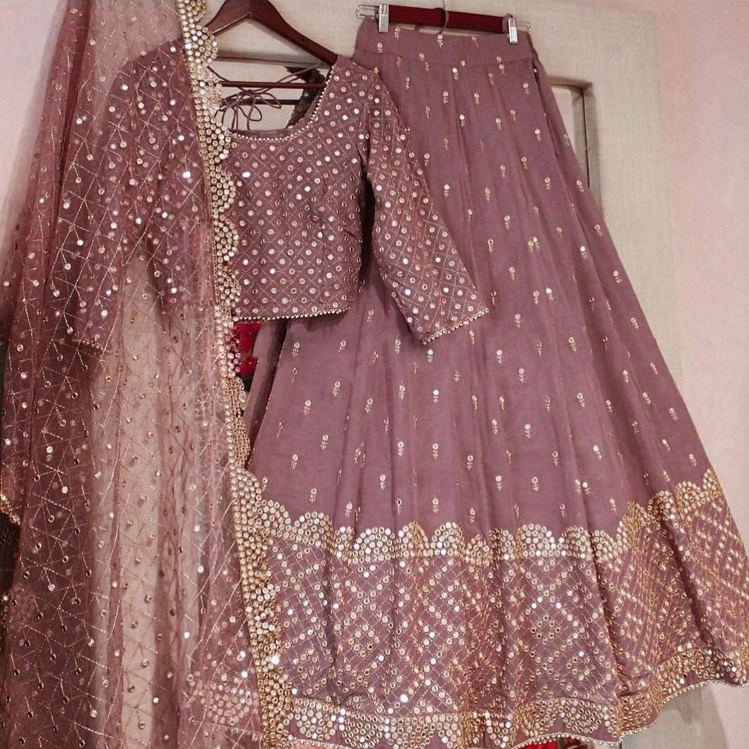 Pink embroidered georgette readymade lehenga with full-sequin skirt,heavy  stone & mirror work crop top & ruffle dupatta